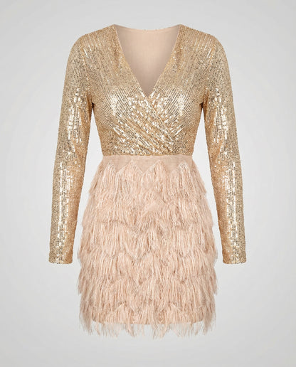 sparkling patchwork party dress with sequin detailing and flowing silhouette
