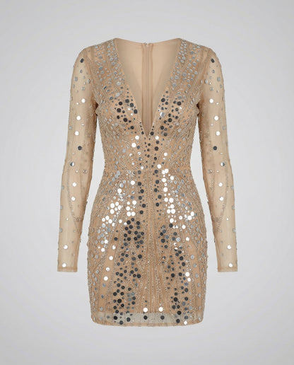 sheer sequin dress with gold-toned embellishment and glamorous statement fit