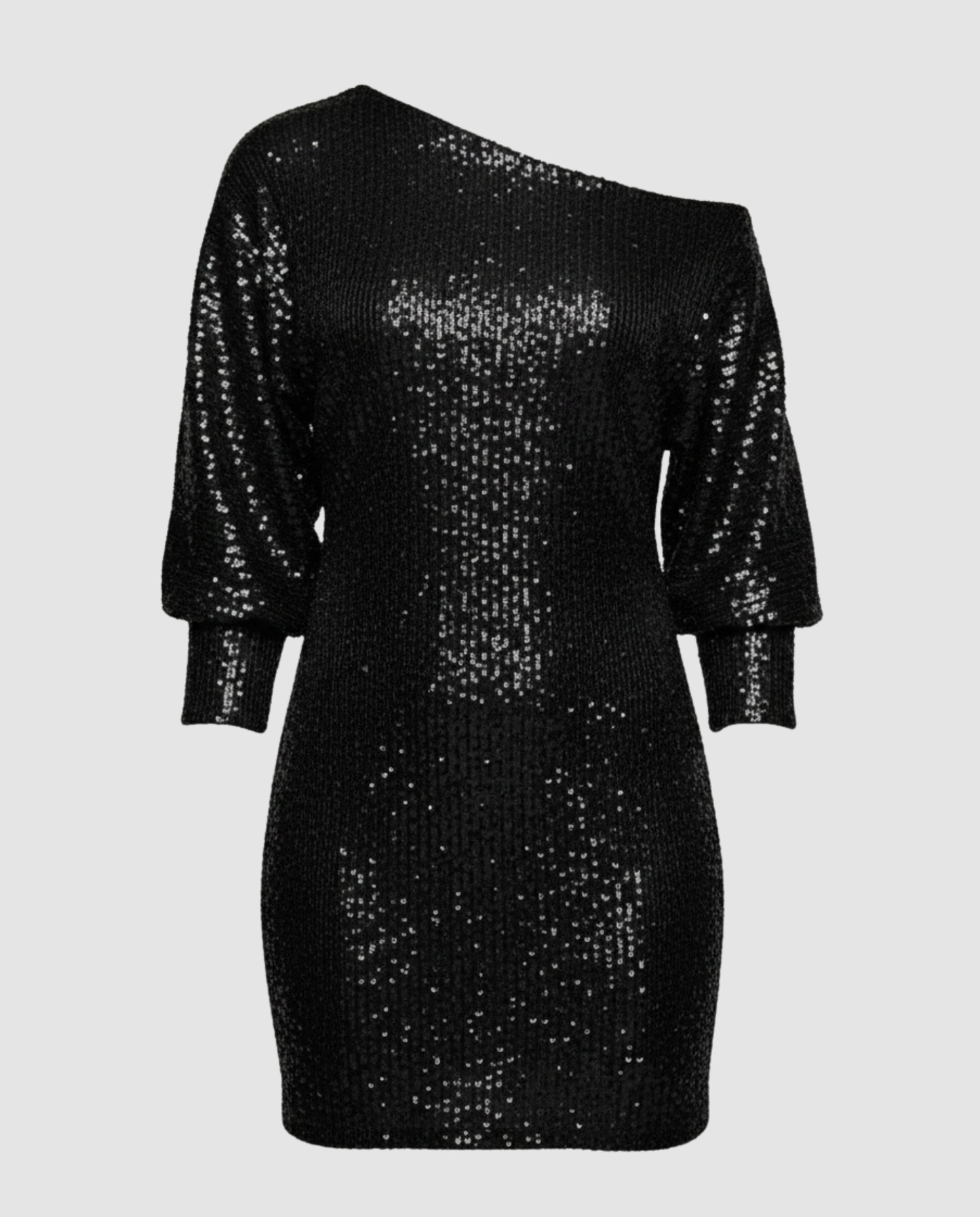 one shoulder mini dress with shiny finish and statement silhouette