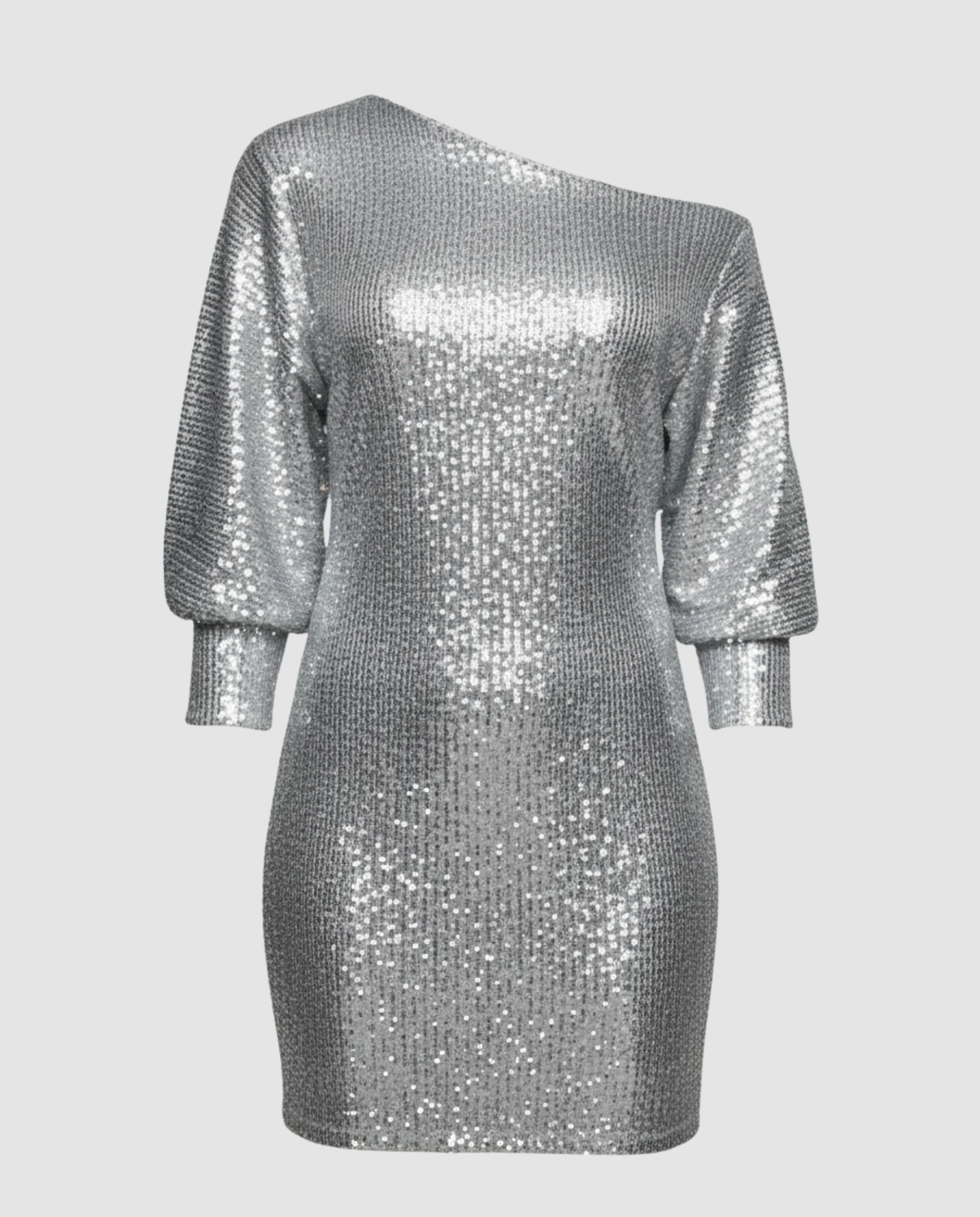 one shoulder mini dress with shiny finish and statement silhouette