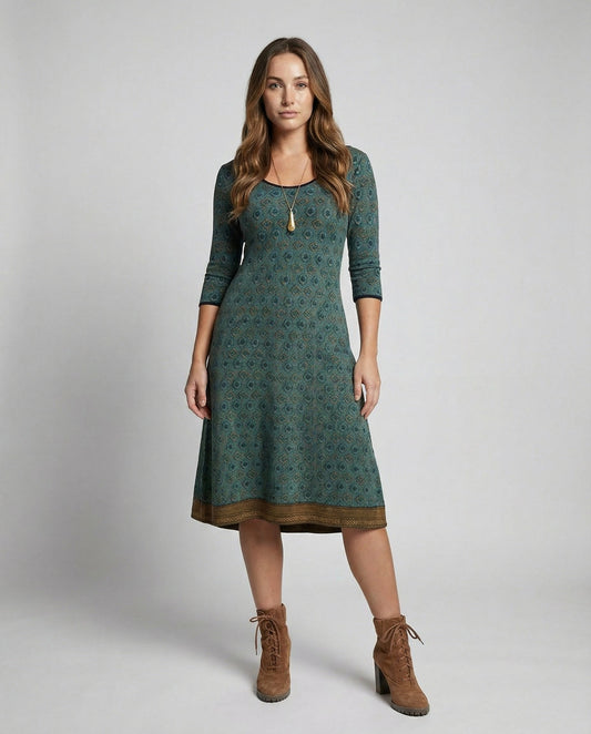 boho midi dress with flowing silhouette and three-quarter sleeves
