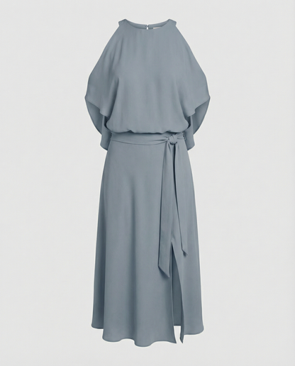 Elegant dress with fashionable shoulder cutouts.