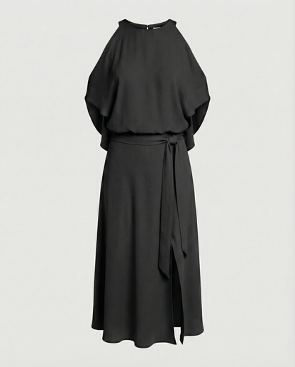 Elegant dress with fashionable shoulder cutouts.