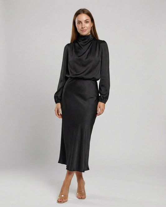 satin dress with smooth draped fit and long sleeves