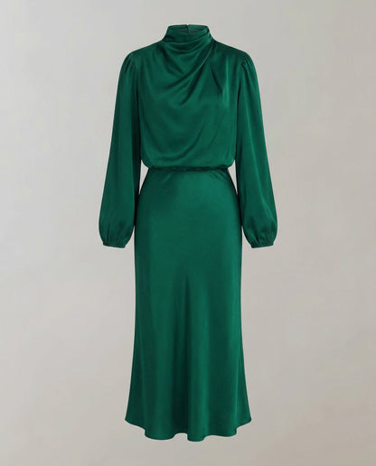 satin dress with smooth draped fit and long sleeves