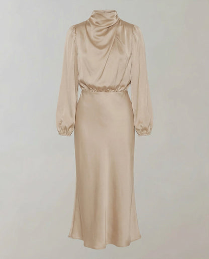 satin dress with smooth draped fit and long sleeves