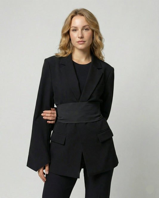 belted blazer with tailored waist-defining silhouette and structured design