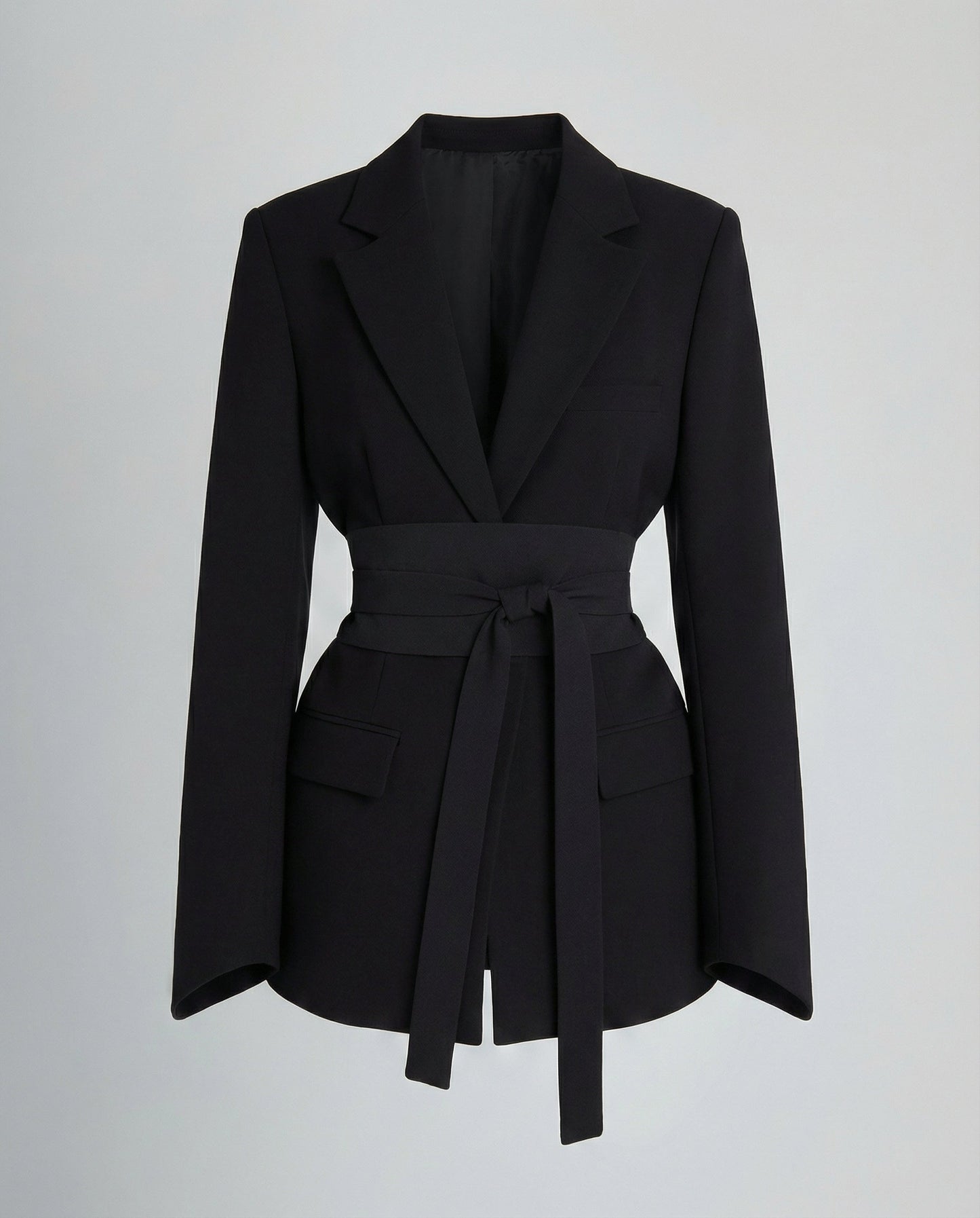 belted blazer with tailored waist-defining silhouette and structured design