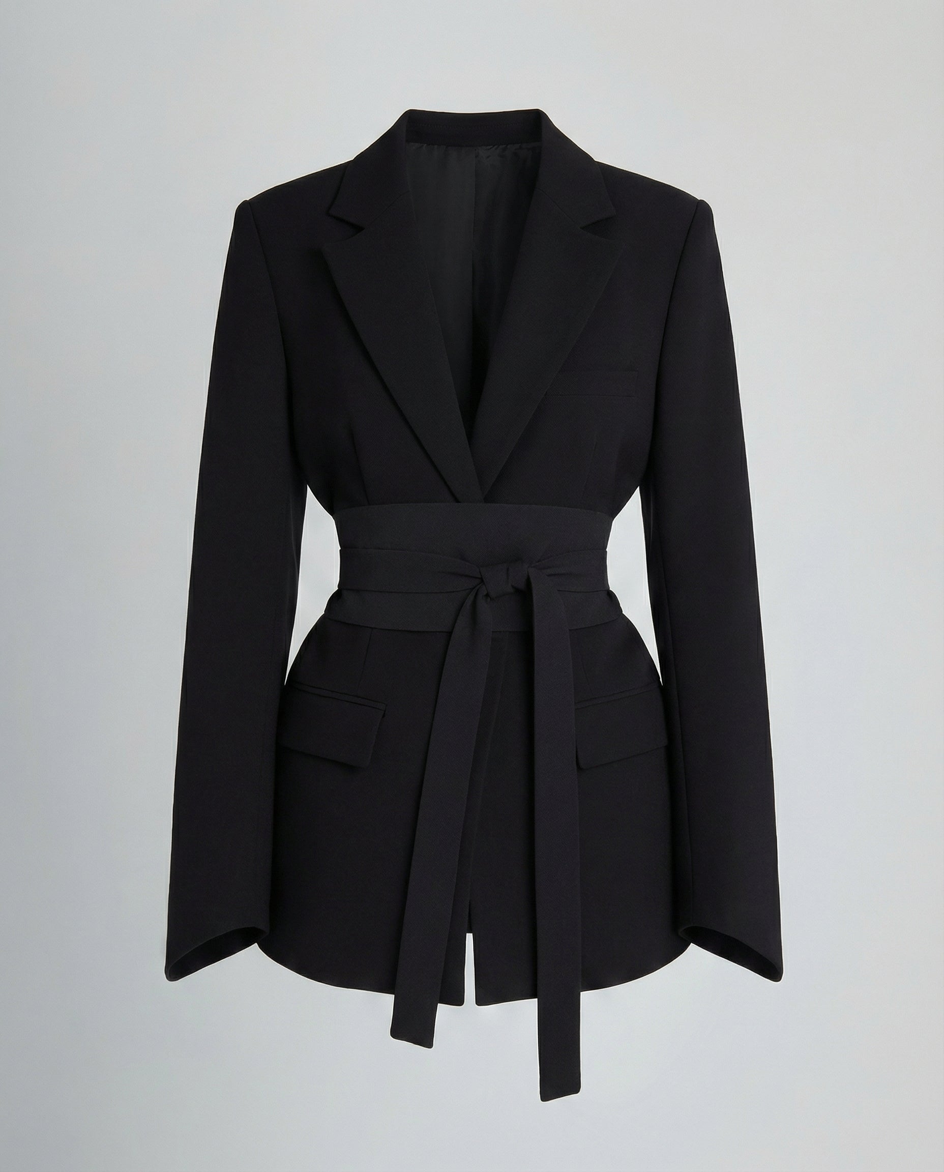 belted blazer with tailored waist-defining silhouette and structured design