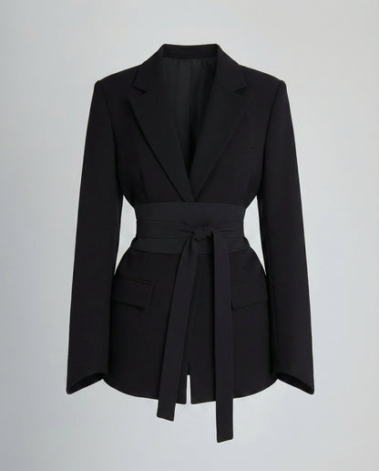 belted blazer with tailored waist-defining silhouette and structured design