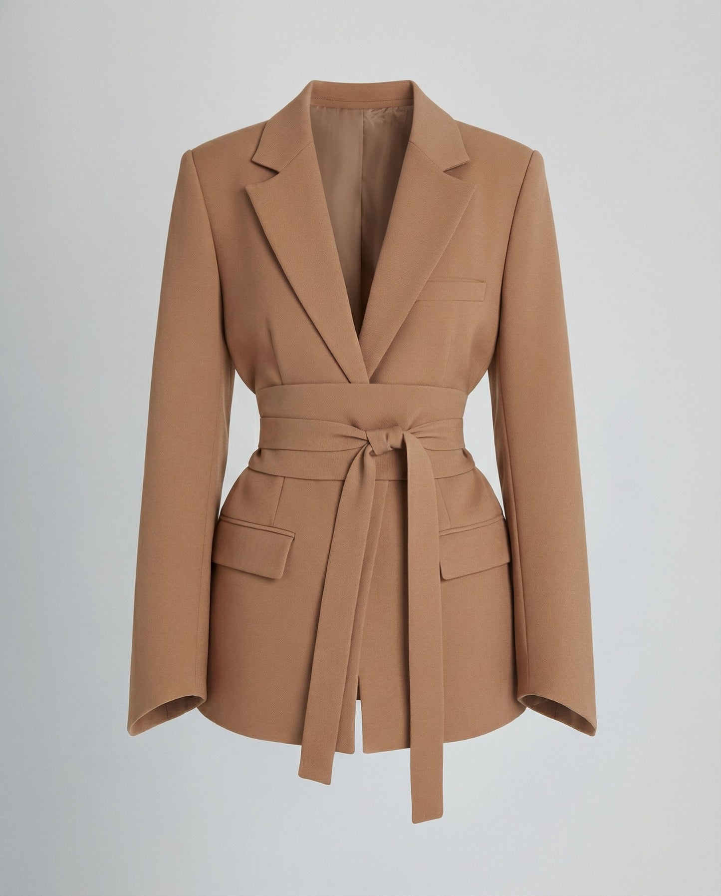 belted blazer with tailored waist-defining silhouette and structured design