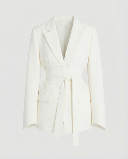 belted blazer with tailored waist-defining silhouette and structured design