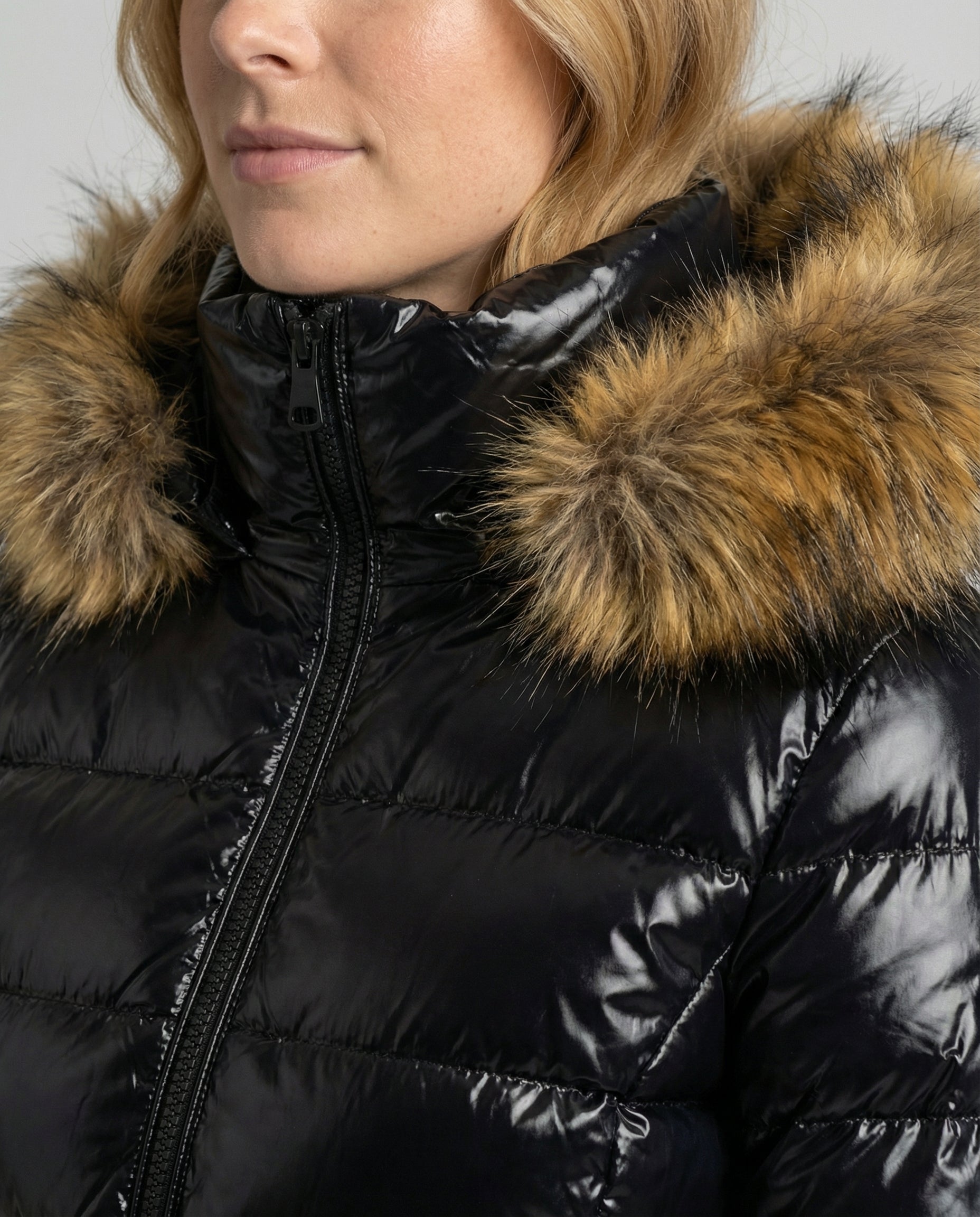 winter jacket with faux fur collar and insulated cold-weather design