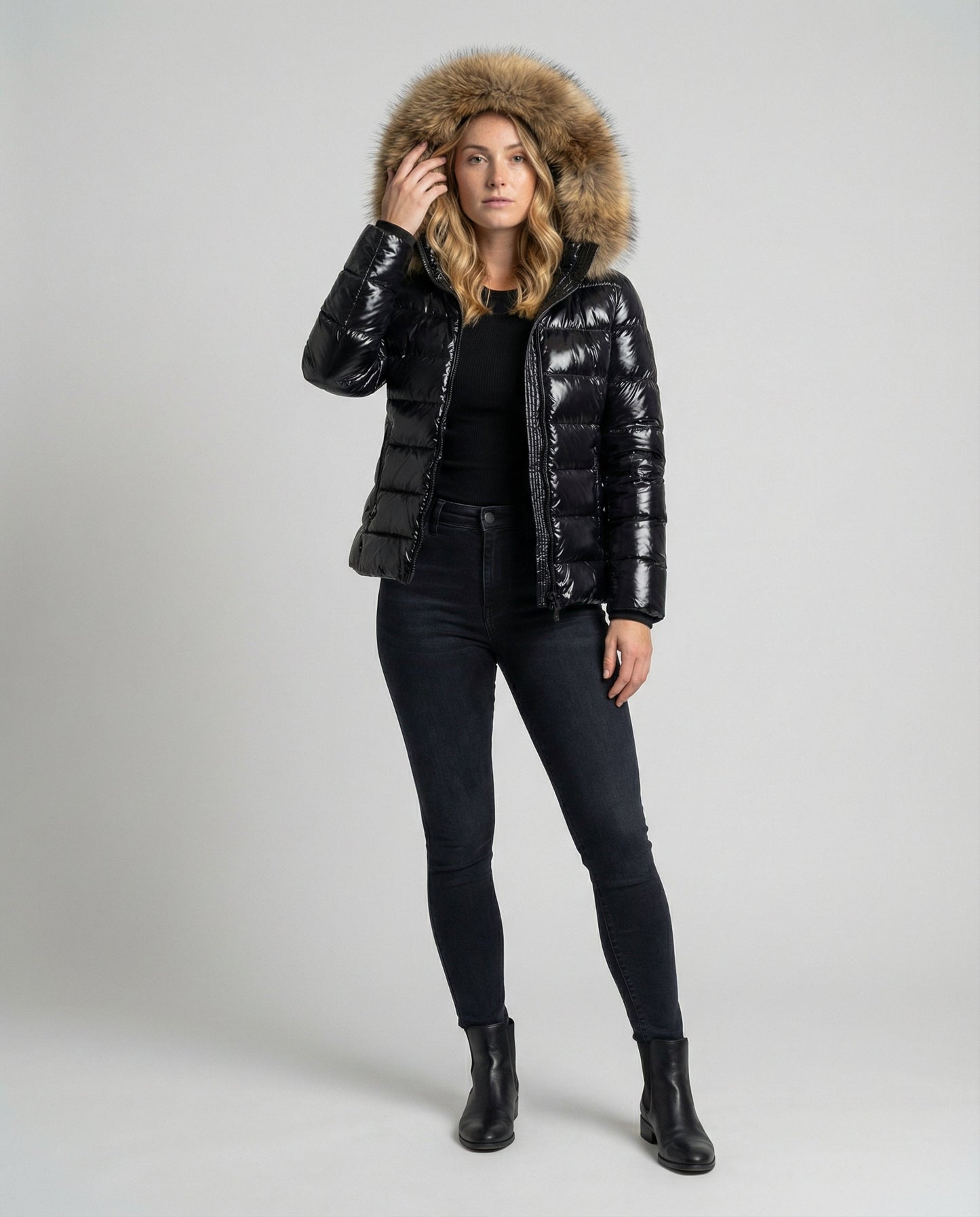 winter jacket with faux fur collar and insulated cold-weather design