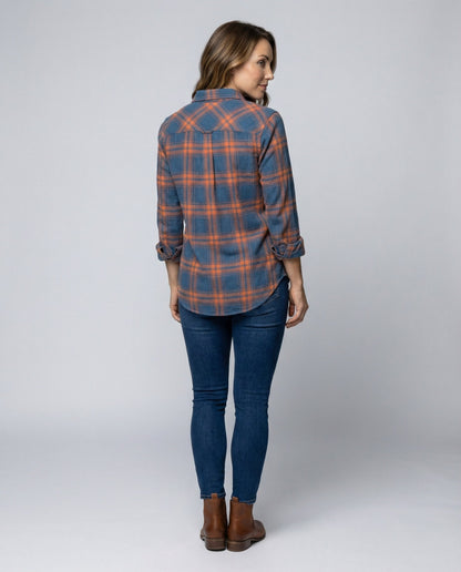 checkered shirt blouse with long sleeves, button front closure, and classic collar.