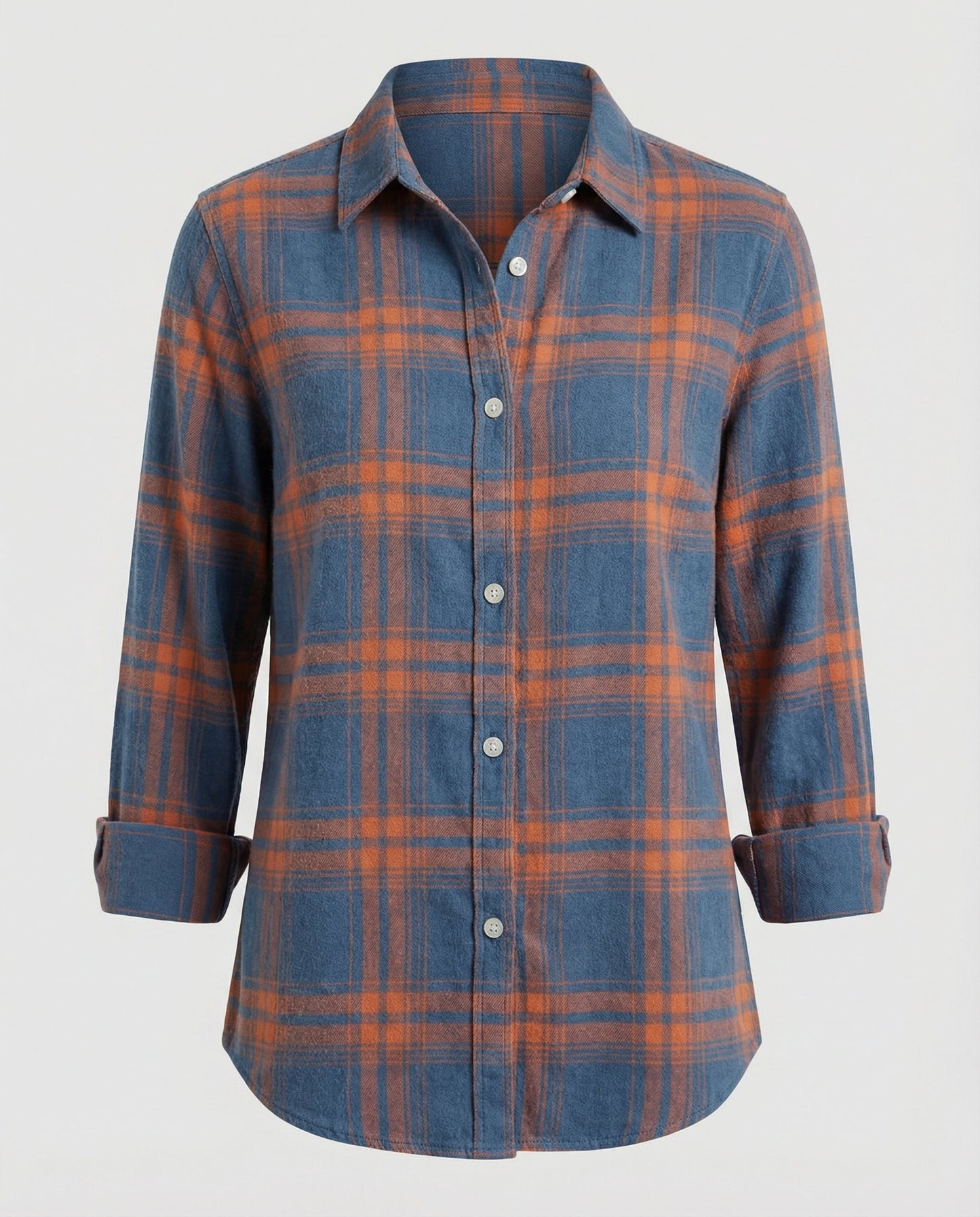 checkered shirt blouse with long sleeves, button front closure, and classic collar.