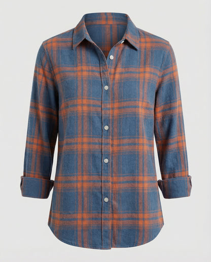 checkered shirt blouse with long sleeves, button front closure, and classic collar.