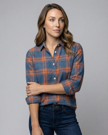 checkered shirt blouse with long sleeves, button front closure, and classic collar.