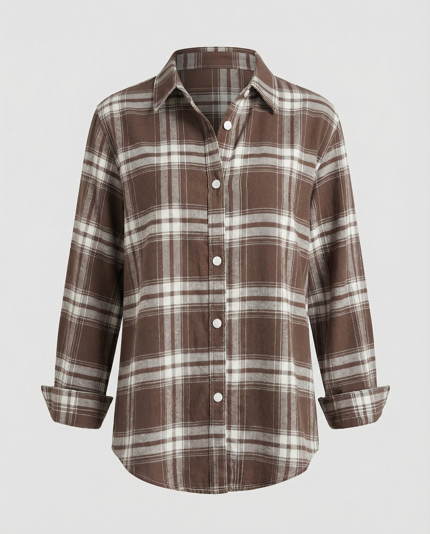 checkered shirt blouse with long sleeves, button front closure, and classic collar.