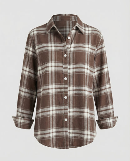 checkered shirt blouse with long sleeves, button front closure, and classic collar.