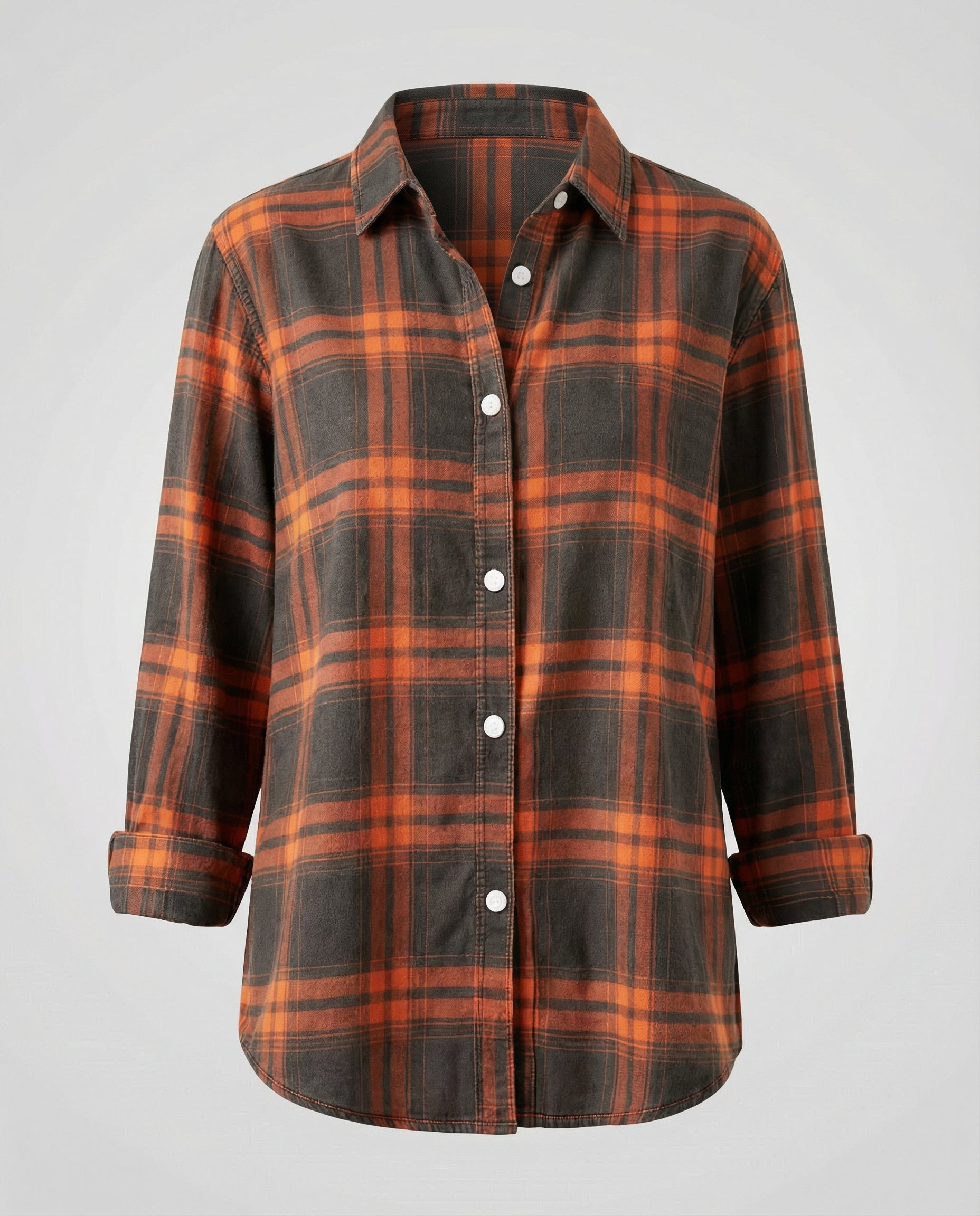 checkered shirt blouse with long sleeves, button front closure, and classic collar.