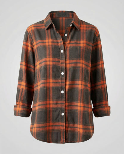 checkered shirt blouse with long sleeves, button front closure, and classic collar.