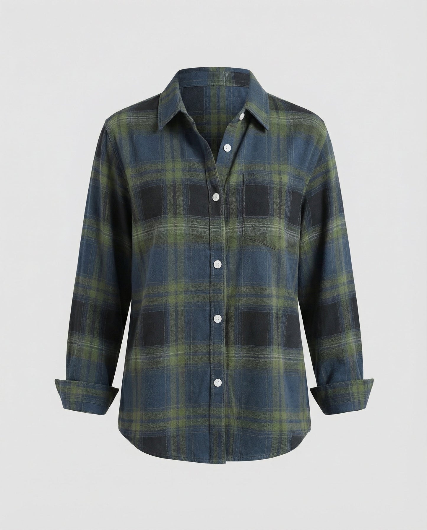 checkered shirt blouse with long sleeves, button front closure, and classic collar.