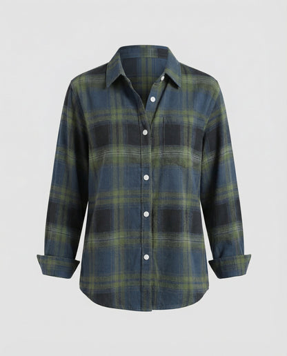 checkered shirt blouse with long sleeves, button front closure, and classic collar.