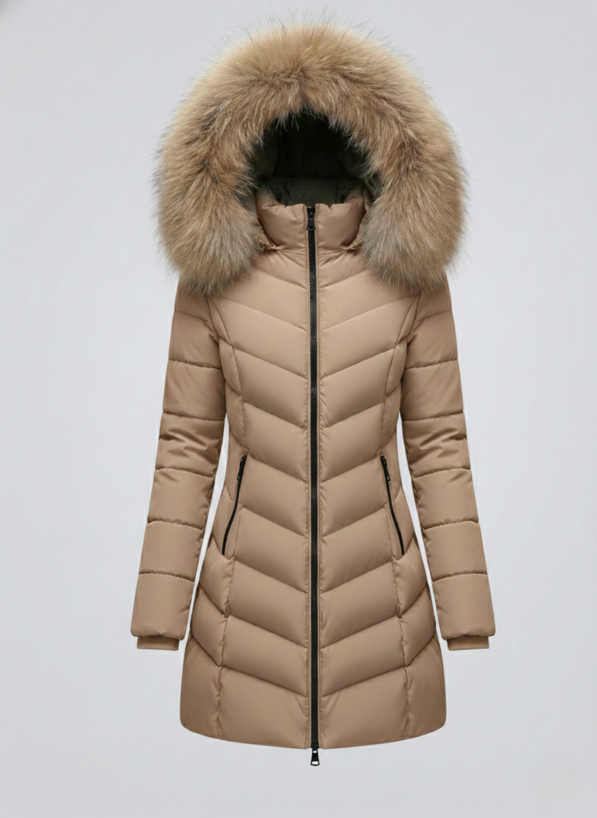 down jacket with faux fur collar and insulated warm-fit design