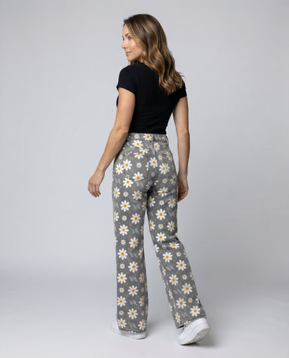 floral wide-leg jeans with high-waisted design and relaxed fit