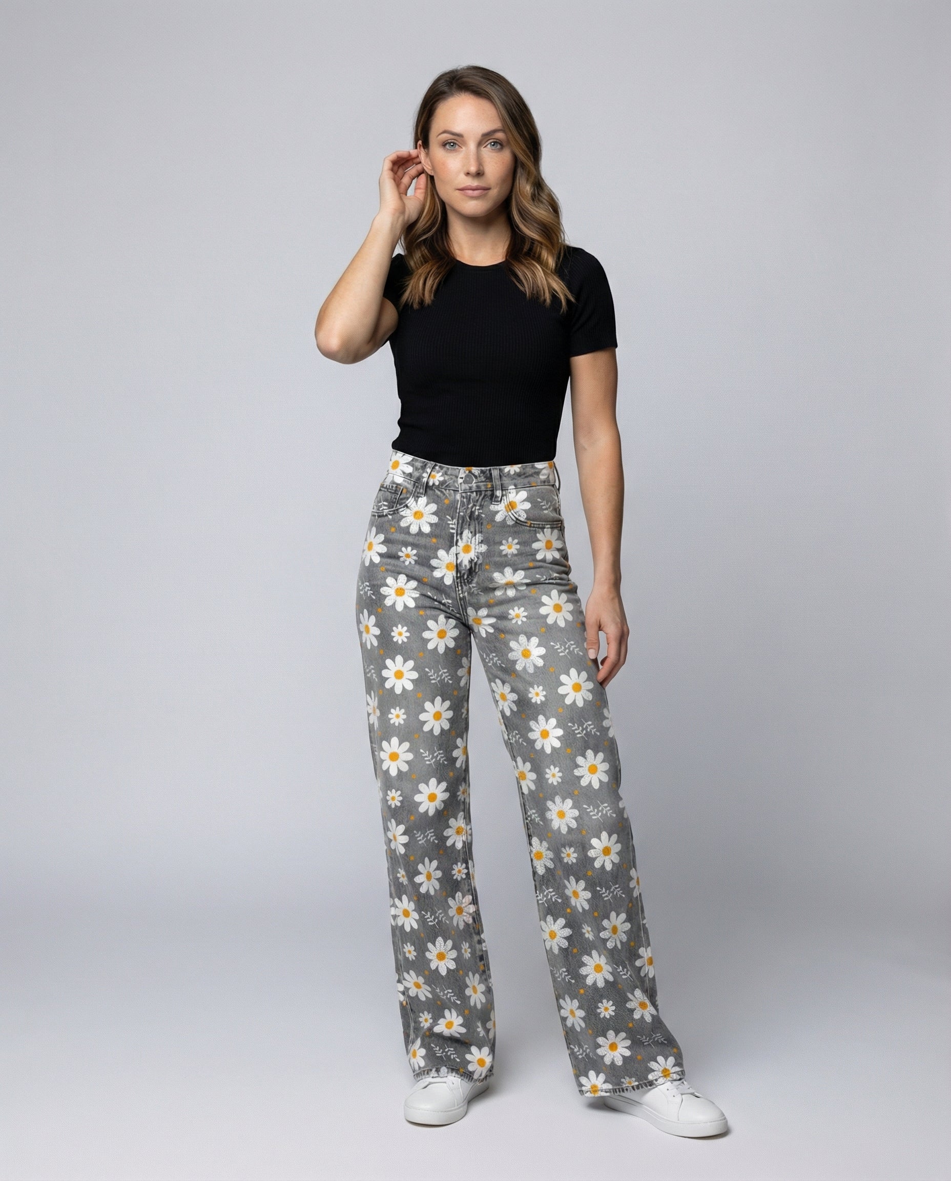 floral wide-leg jeans with high-waisted design and relaxed fit