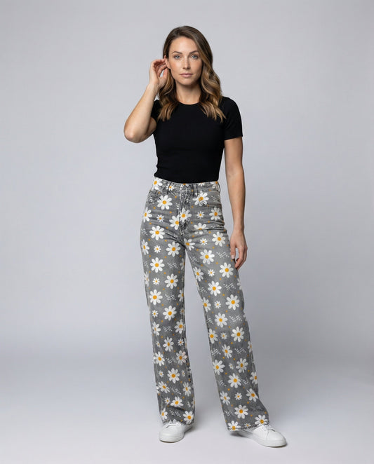 floral wide-leg jeans with high-waisted design and relaxed fit