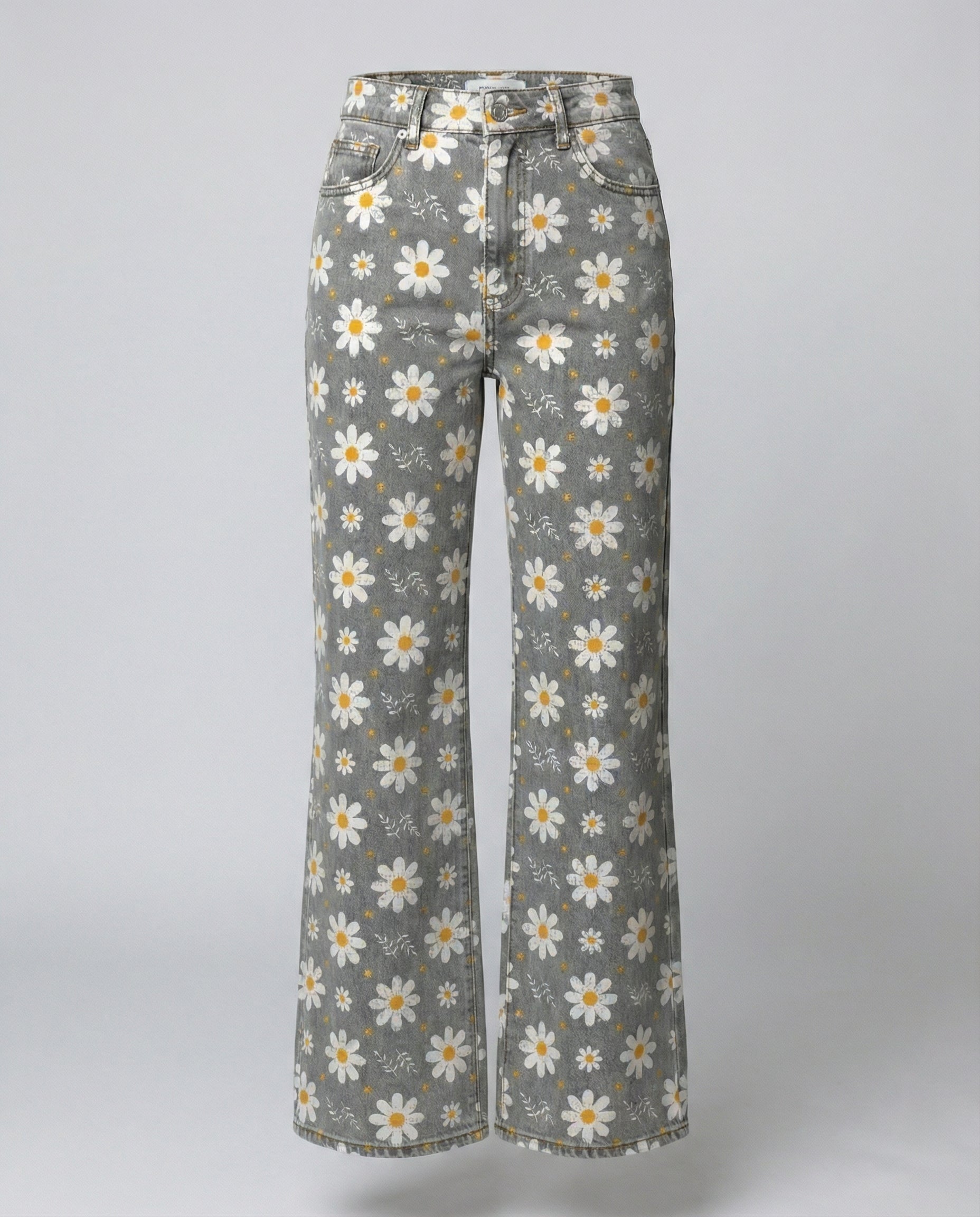 floral wide-leg jeans with high-waisted design and relaxed fit