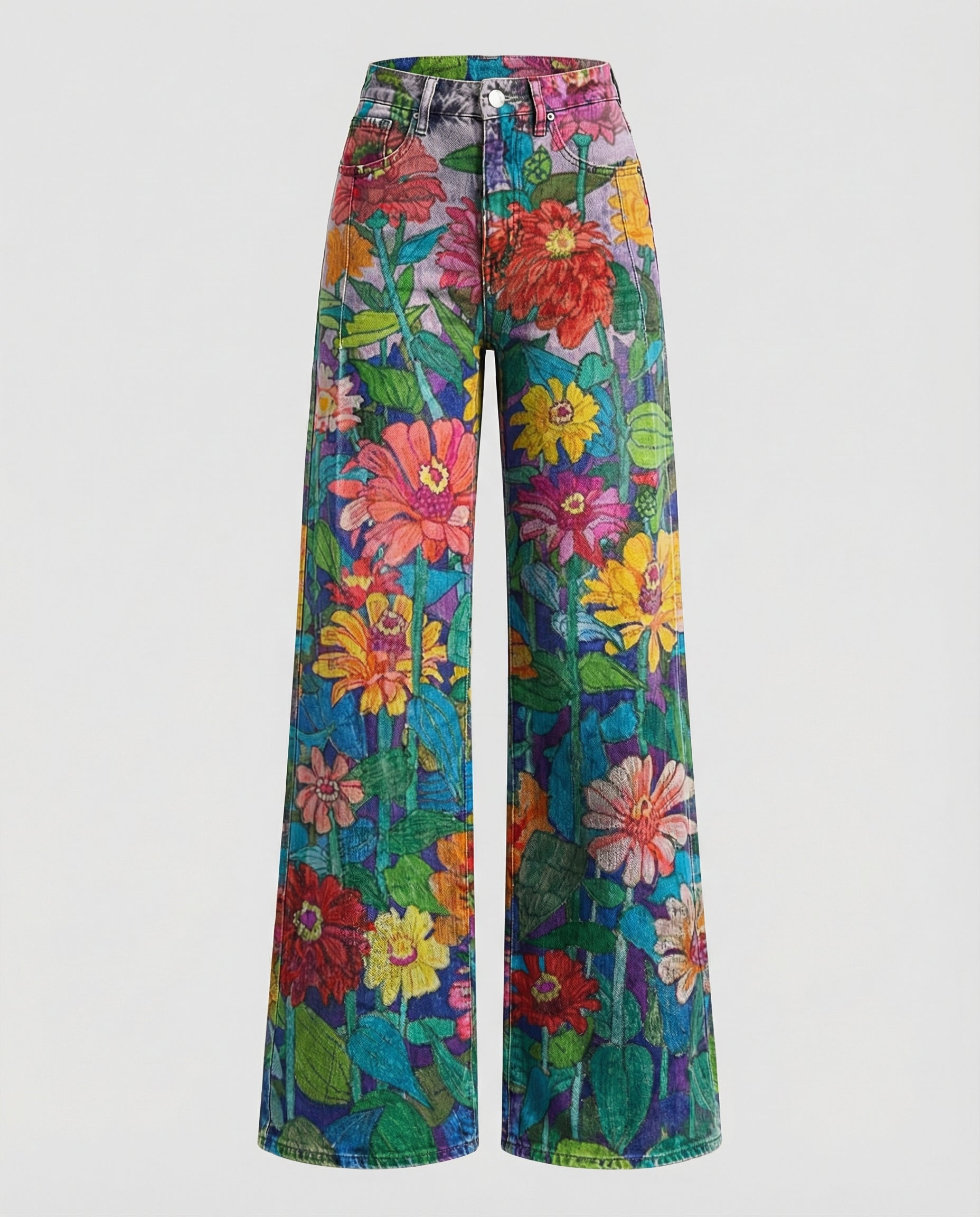 floral wide-leg jeans with high-waisted design and relaxed fit