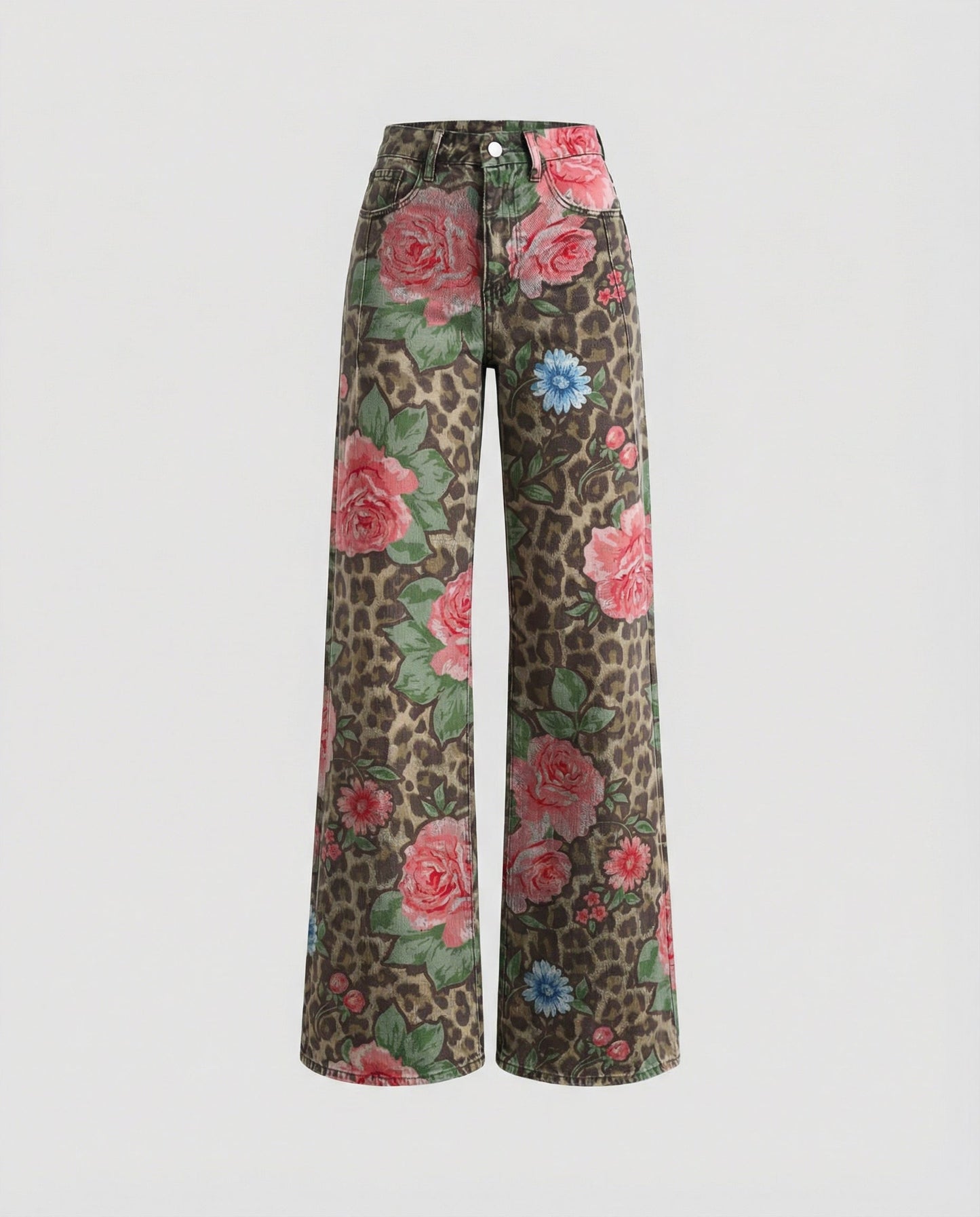 floral wide-leg jeans with high-waisted design and relaxed fit