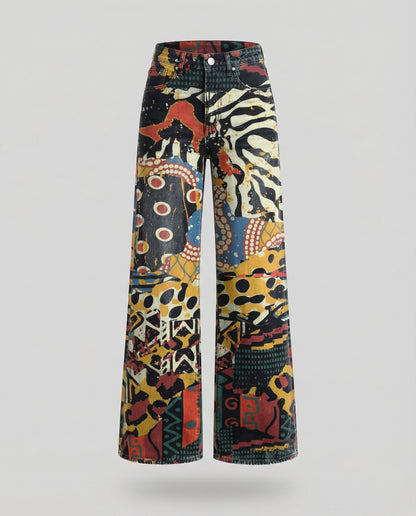 floral wide-leg jeans with high-waisted design and relaxed fit