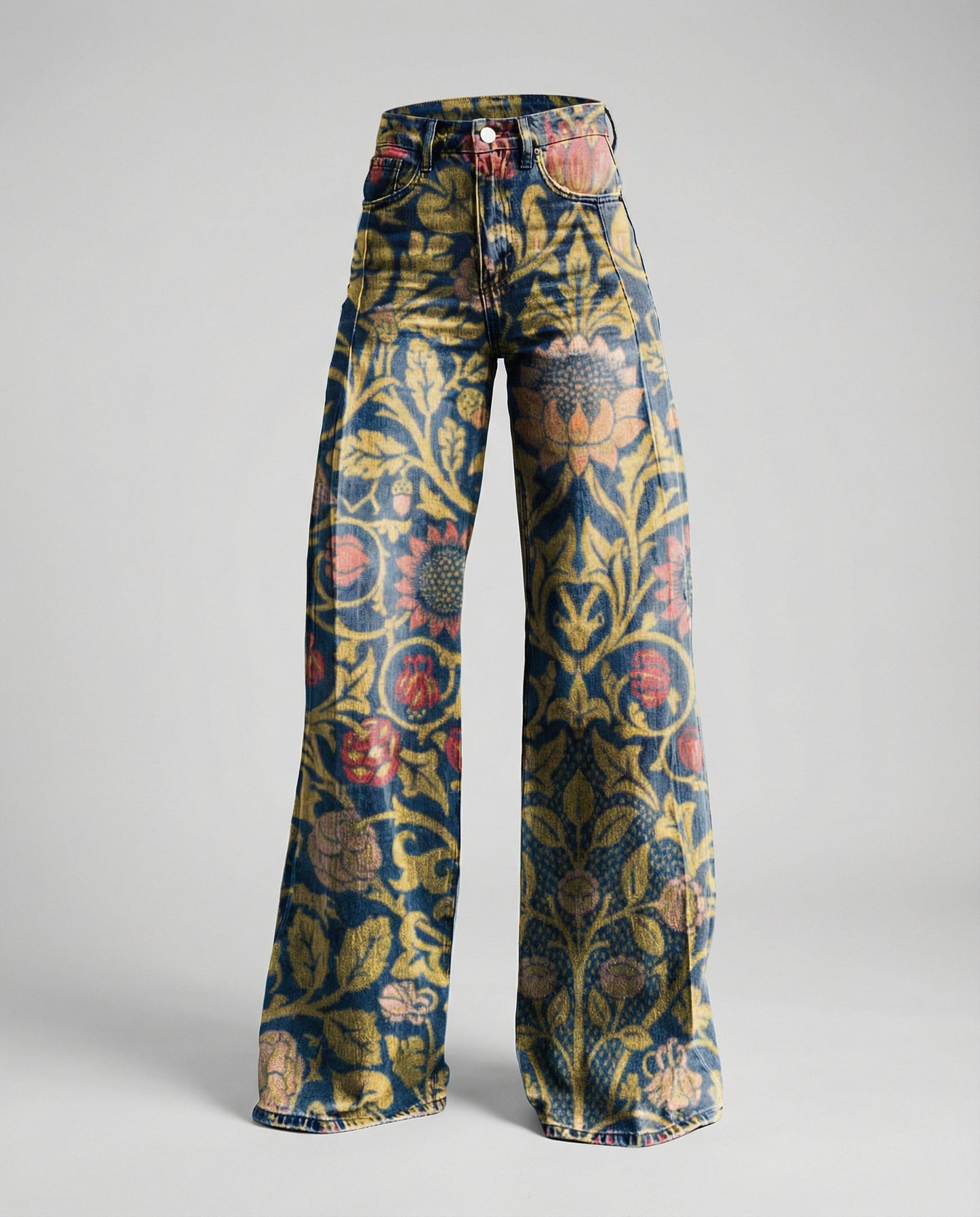 floral wide-leg jeans with high-waisted design and relaxed fit