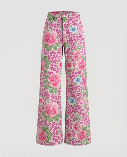 floral wide-leg jeans with high-waisted design and relaxed fit
