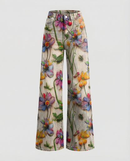 floral wide-leg jeans with high-waisted design and relaxed fit