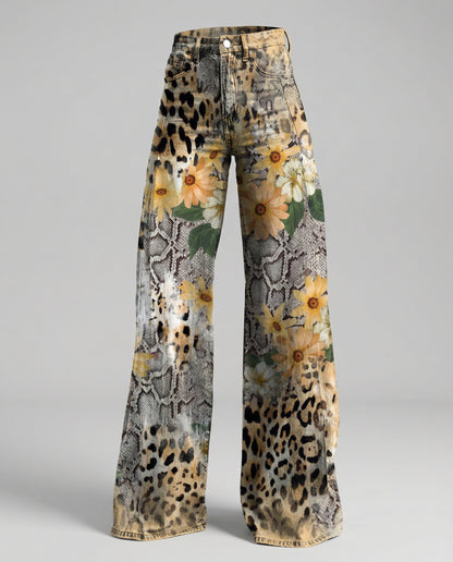 floral wide-leg jeans with high-waisted design and relaxed fit