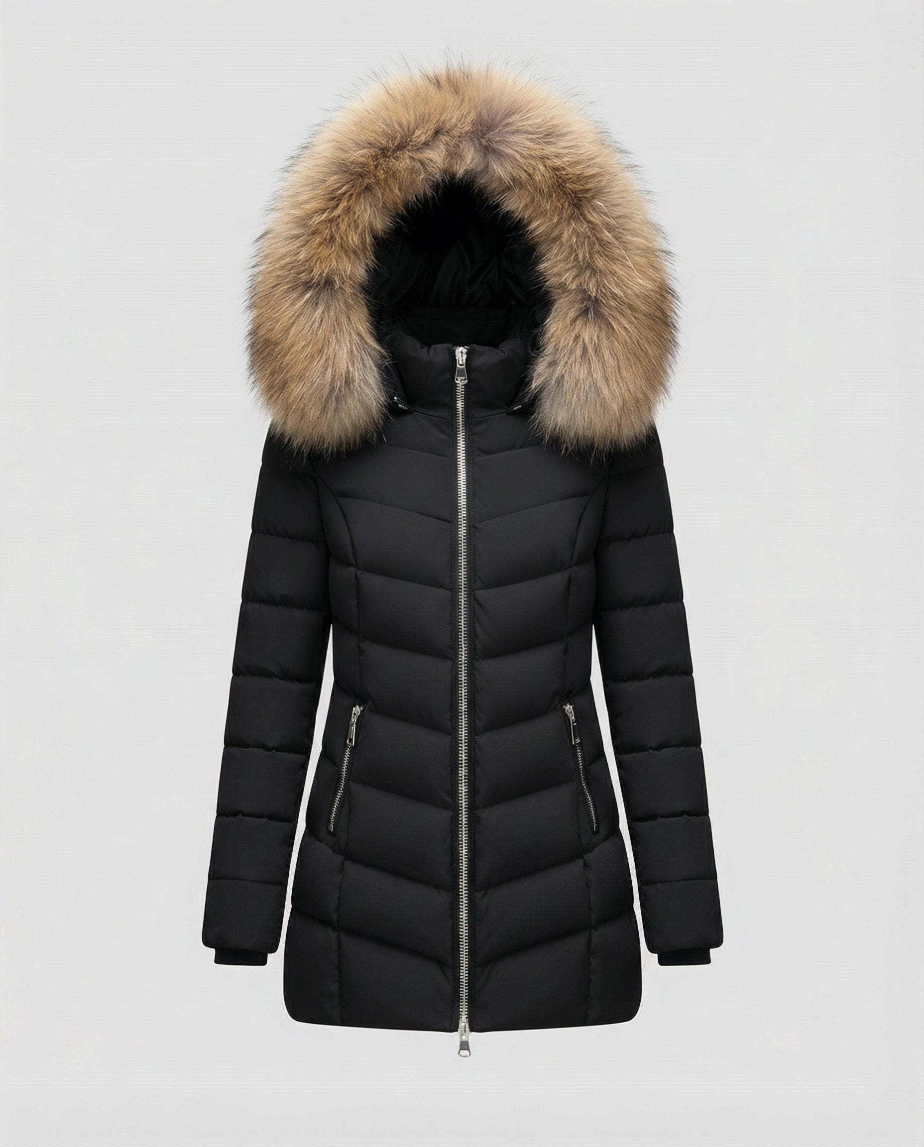 down jacket with faux fur collar and insulated warm-fit design