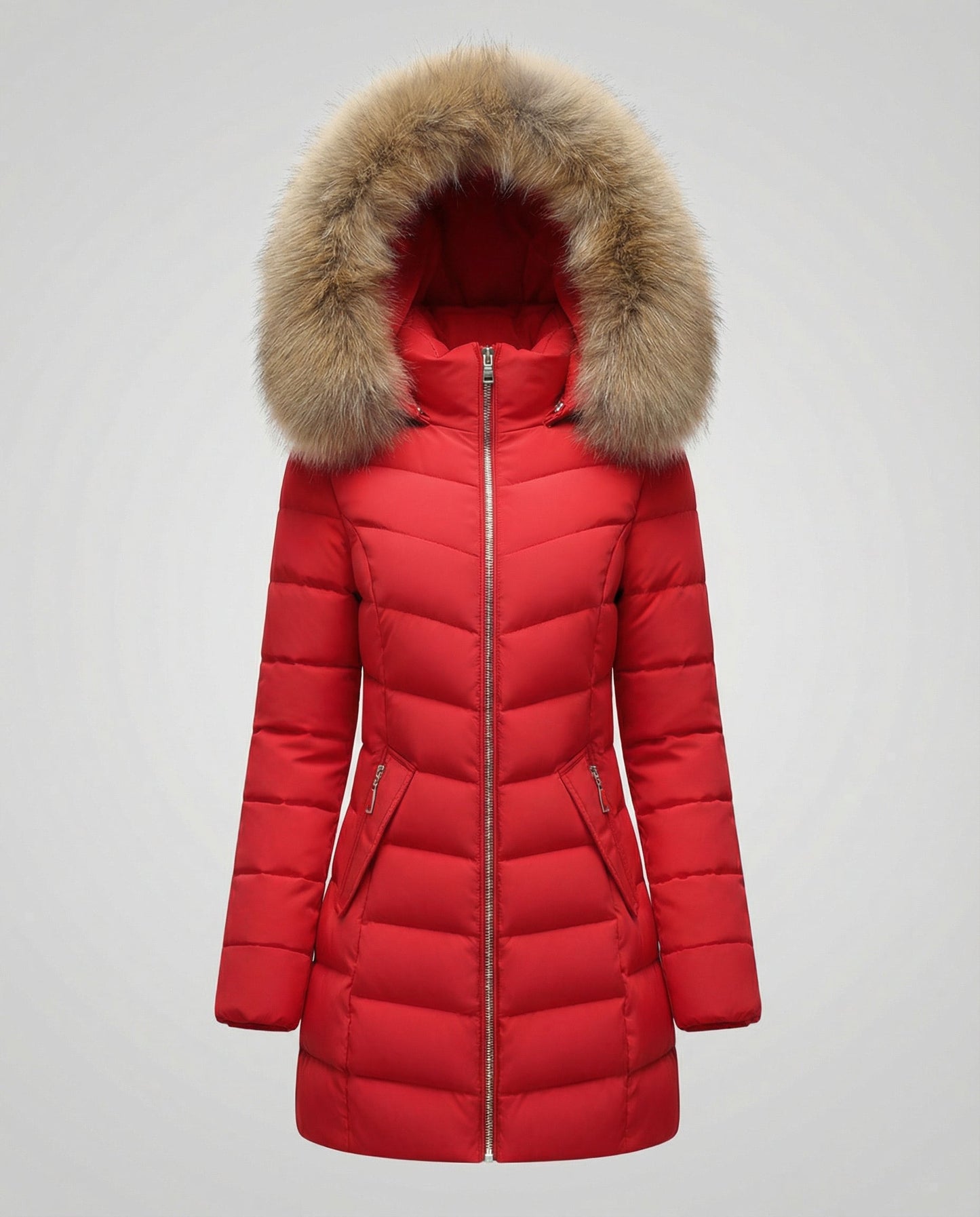 down jacket with faux fur collar and insulated warm-fit design