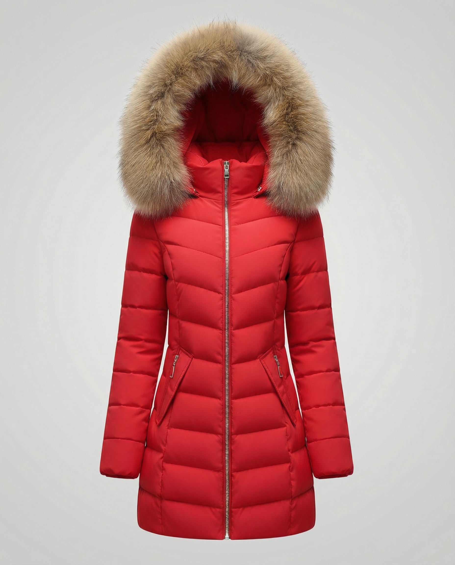 down jacket with faux fur collar and insulated warm-fit design