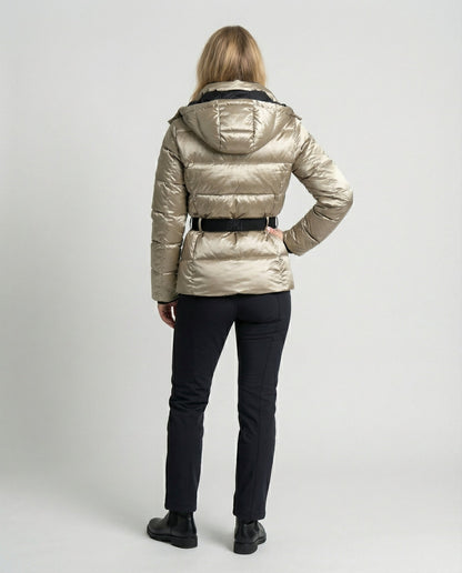 quilted ski jacket with insulated design, hood, and belted waist
