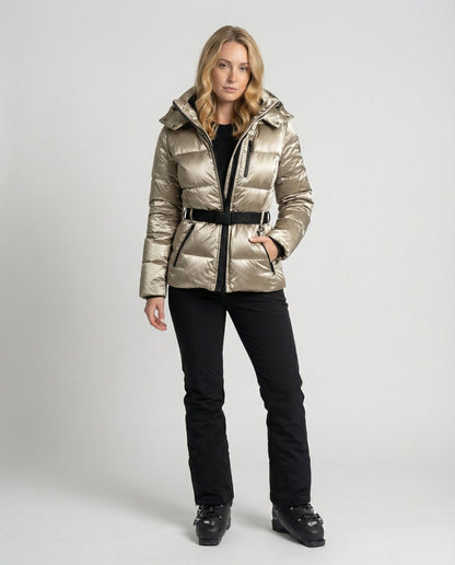 quilted ski jacket with insulated design, hood, and belted waist