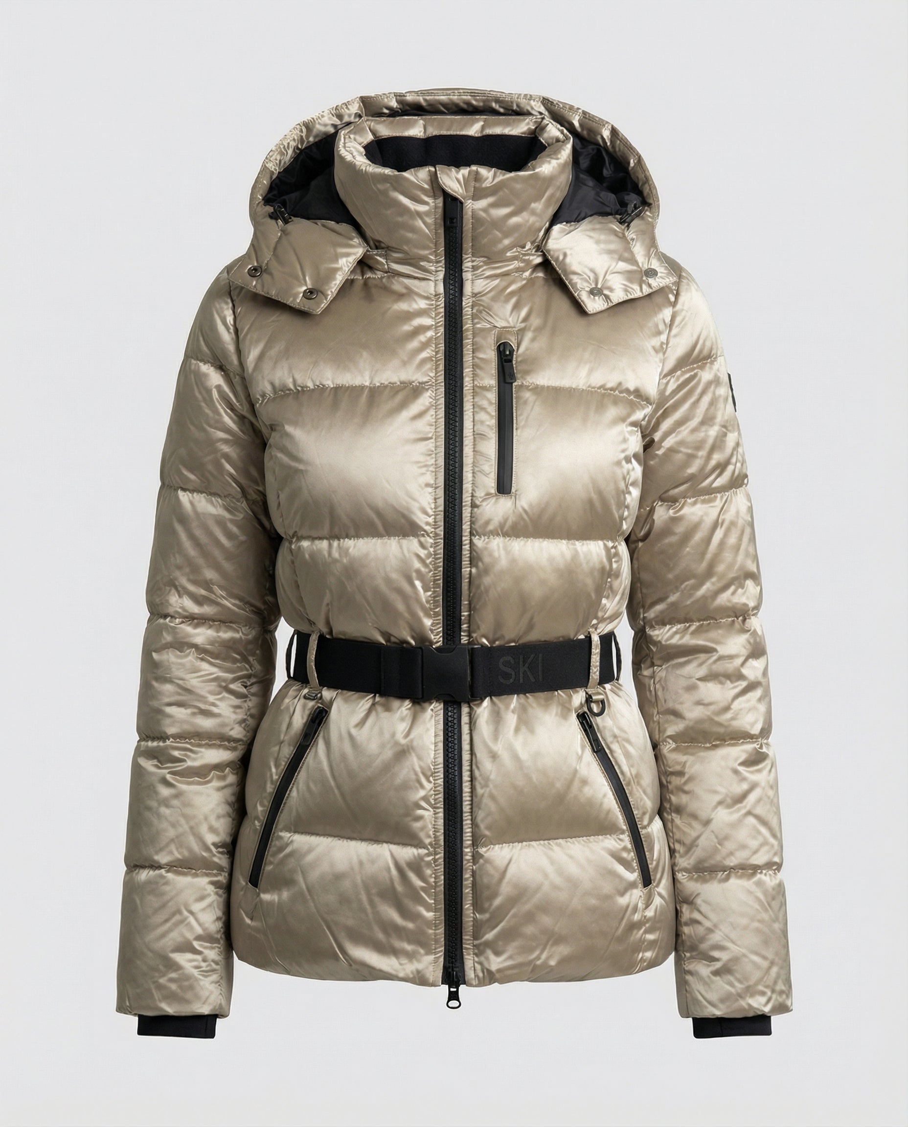 quilted ski jacket with insulated design, hood, and belted waist