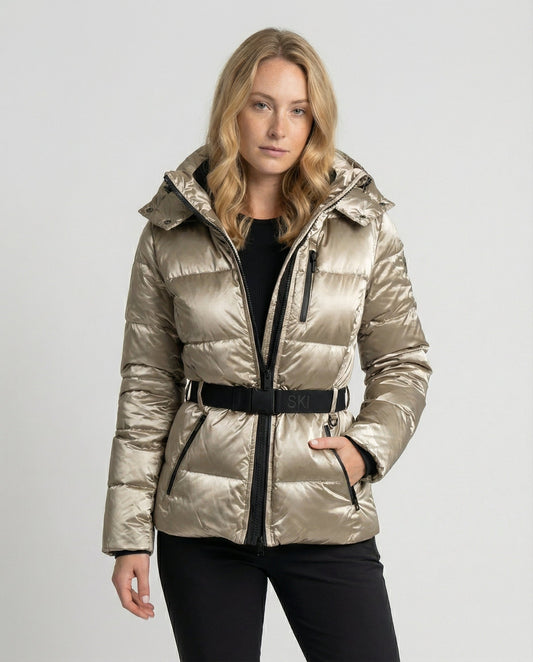 quilted ski jacket with insulated design, hood, and belted waist