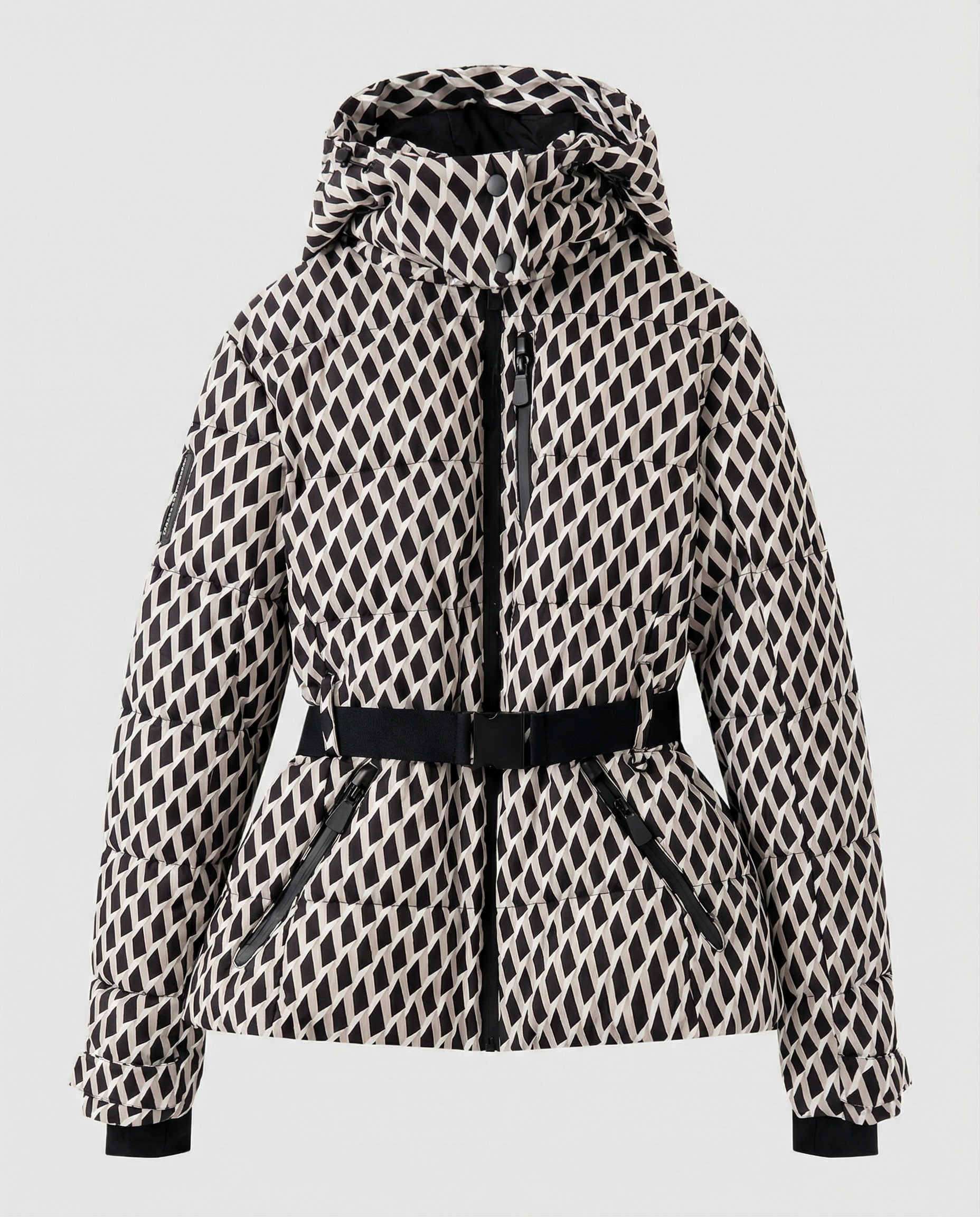 quilted ski jacket with insulated design, hood, and belted waist