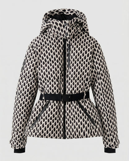 quilted ski jacket with insulated design, hood, and belted waist