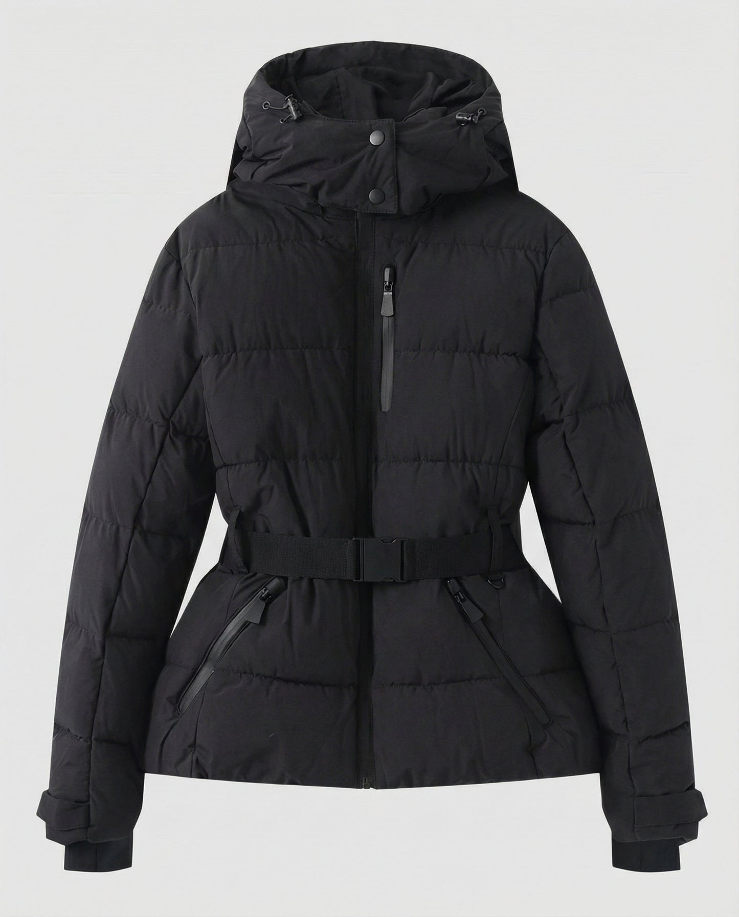 quilted ski jacket with insulated design, hood, and belted waist